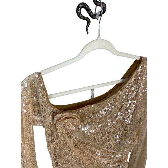 LPA Aniella Sequined Lace Gown Rosette One Shoulder Formal Party Champagne S - Picture 16 of 16